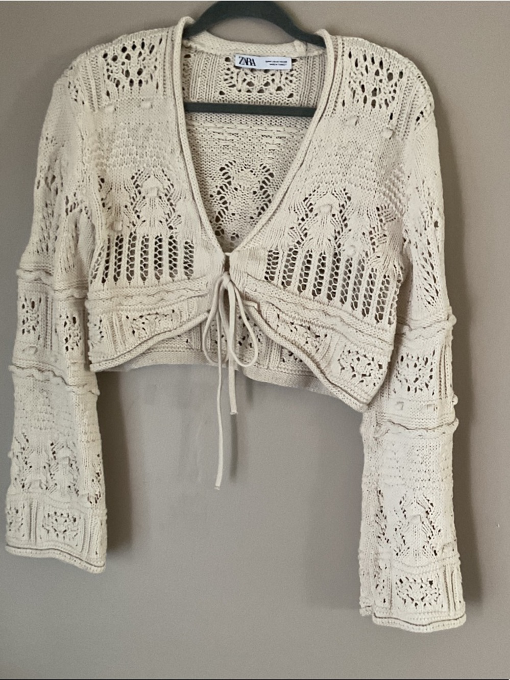 Zara Cream Crochet Tie-Front Bolero Sweater